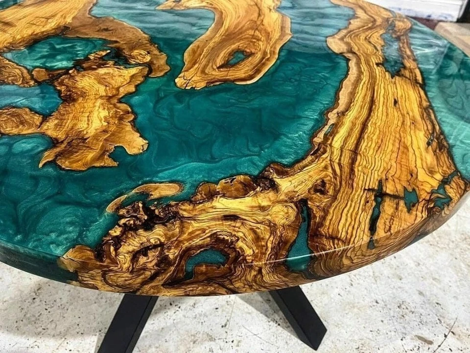 Ocean Epoxy Resin Round Dining Table - Burl Maple & Blue River Epoxy Desk - Image 2 of 4