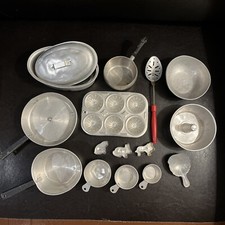 15 VTG Miniature Tin Aluminum Pots Pans Measuring Bake Cookie Cutter Spoon Scoop