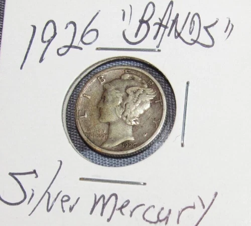 Silver 1926 p Philadelphia Mint 10 Cent Mercury Winged Dime V-Good cond. "BANDS"