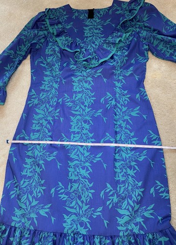 80s Nani of Hawaii Muumuu Royal Blue & Green Tea Leaf Lei Ruffles Vintage Small - Picture 17 of 23