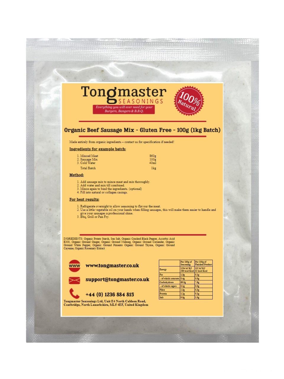 Organic Scottish Beef Sausage Mix 100g - Gluten Free - (1kg Batch)