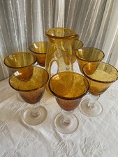 Vintage Amber Art Bubble Glass Carafe & Set of 7 Wine Water Glass seeded Bubble