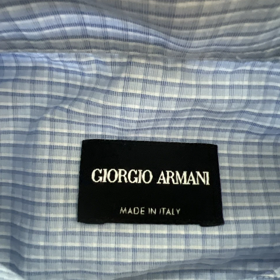 Camisa de vestir a cuadros de algodón Giorgio Armani para hombre 15,5 azul cuello punto puño barril Foto 4 de 4