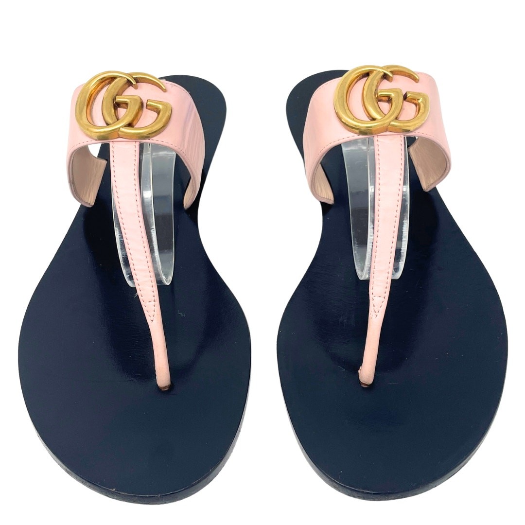 Gucci Shoes Marmont Thong Flat Sandals Pink Leather Gold GG Logo Monogram 38.5 thumbnail 4