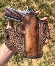 Hand made rugged leather 1911 pistol holster Tooled leather