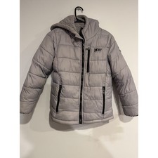 DKNY Sport Kids Grey Puffer Jacket Hooded Sherpa Lined Size M 10 12