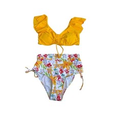 Vibrant Yellow Ruffle floral bottom Bikini Set, S, Q93