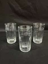 Lot of 3 Crisa Crystal Tumblers Etched Floral Design 5.5" Tall Glasses