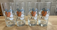 Vtg 80s Set of 4 International Marmalade Geese Fruit Blue Ribbon 12oz Glasses 5"