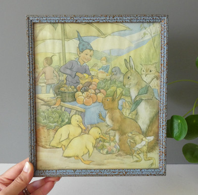 Margaret W Tarrant gerahmter Druck Pixie Feen Tiere Art Deco Stufenspritzer