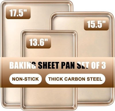 Cookie Sheet Pan Set of 3 Nonstick Heavy Duty Baking Trays for Oven and Toaster