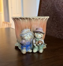 Fall Ceramic Sunflower Shaped Flower Pot Planter w/ 3D Scarecrow Couple 4.5x5.25