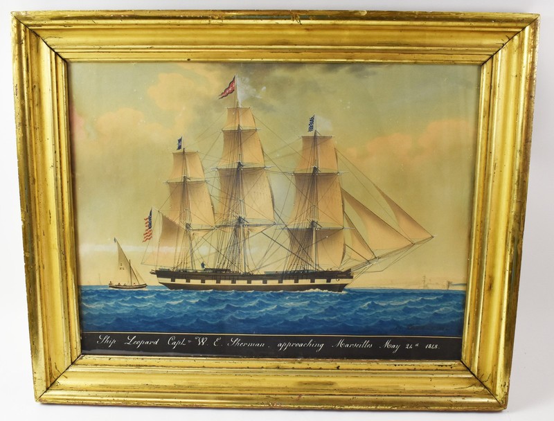 Antique Maritime Watercolor Painting - Ship Leopard - Hon. Pellegrin 1848 NO RSV