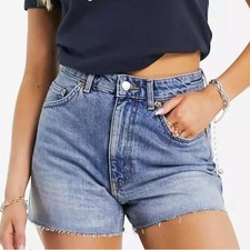 Topshop A Line Mom Shorts Blue Cut Off Blue Denim Jeans Pockets Womens Size 2