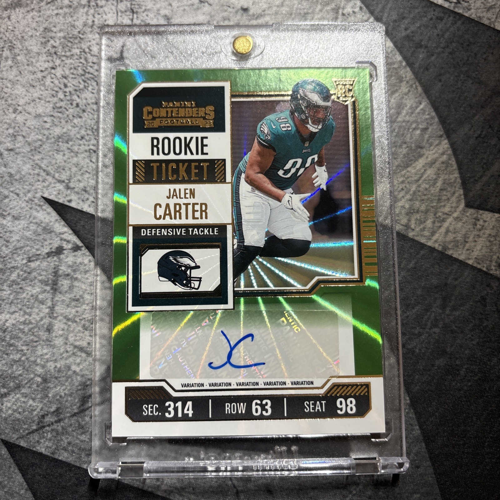 2023 Panini Contenders Rookie Ticket Variation Auto Jalen Carter Green Lazer