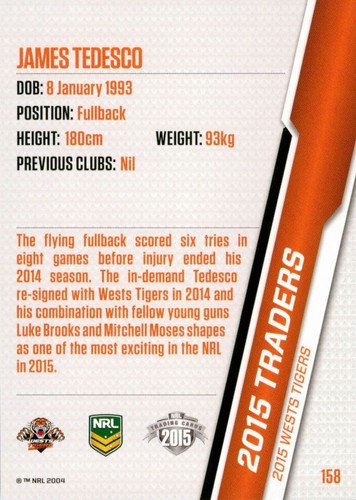 2015 WESTS TIGERS NRL Card JAMES TEDESCO Traders - Picture 2 of 2
