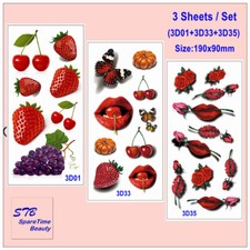 3 Sheets /Set Temporary Tattoo Red Lips Butterfly Cherry Strawberry Fruit