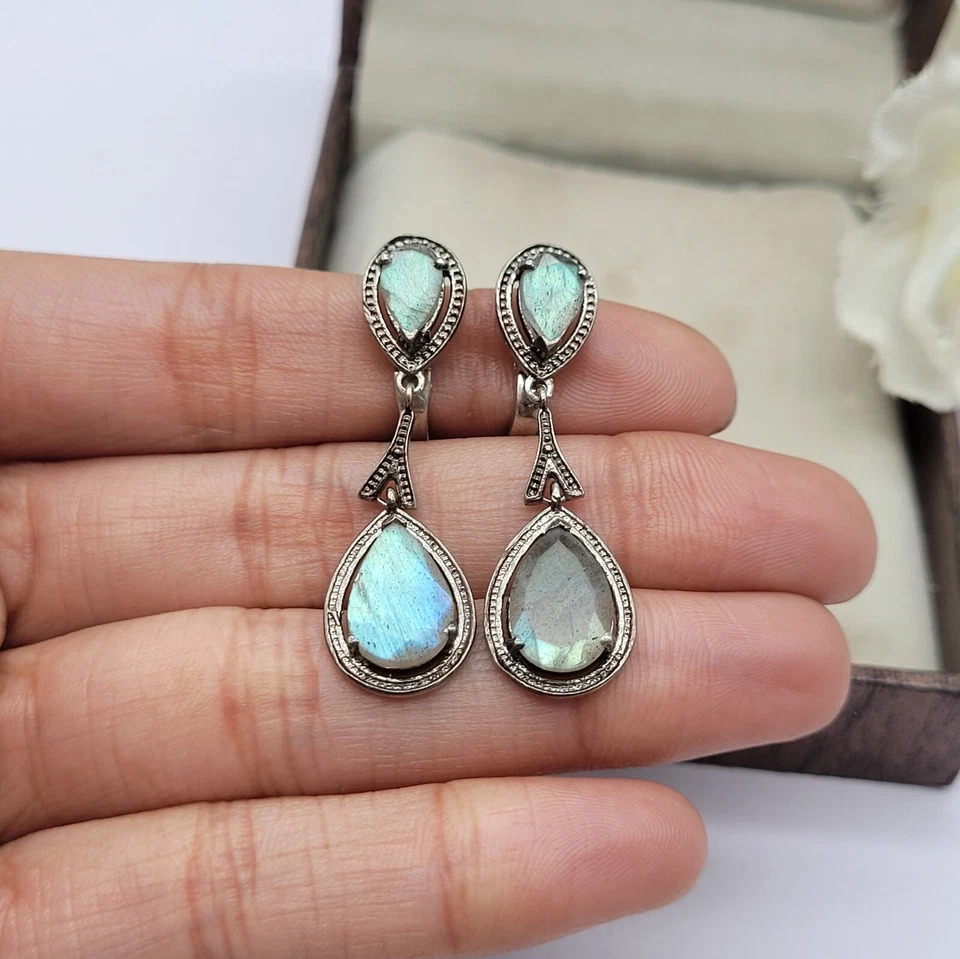 Natural Blue Labradorite pear Cut Dangle/Drop 925 Sterling Silver Earrings Women - Image 4 of 4