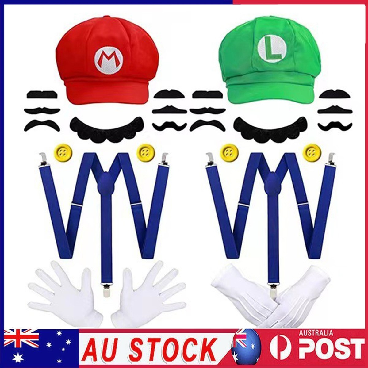 Super-Mario Luigi Bros Hat Mustache Glove Suspender Set Costume