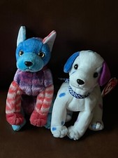 Lot of Ty White Plush w Blue & Purple Hearts DIZZY & Blue & Pink Patchwork HODGE