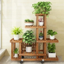 Natural Wooden 6 Tiers Flowers Rack Plant Shelves Stand Wheels Yard Garden Patio