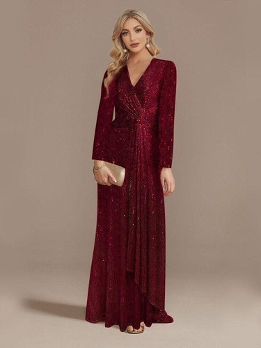 2023 Luxury Long Sleeve V-neck Evening Dress Party Women's Sequins Dress - Picture 7 of 35