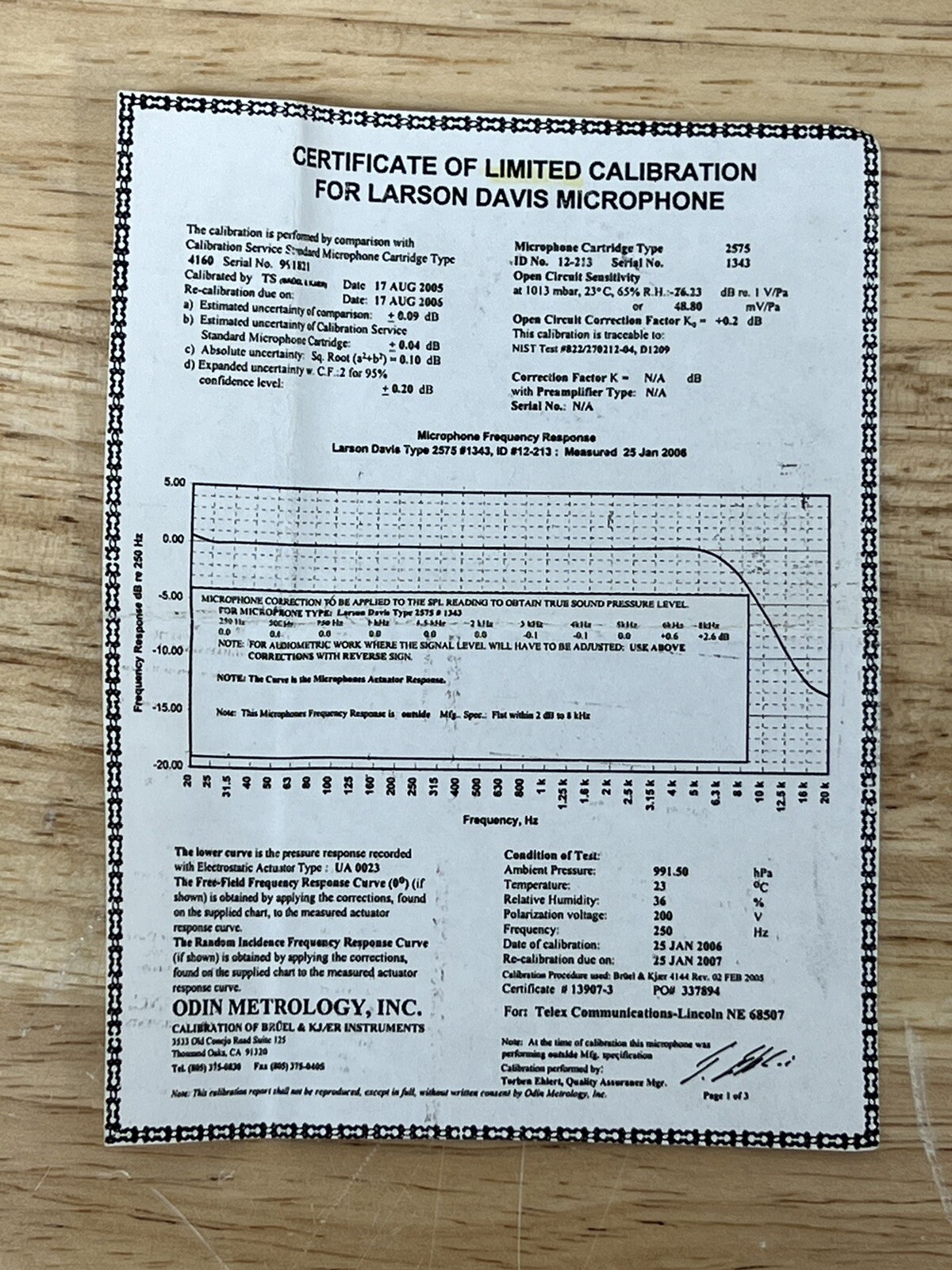 Larson Davis Free Field 2575 1” Microphone Mic USA Calibration Chart E
