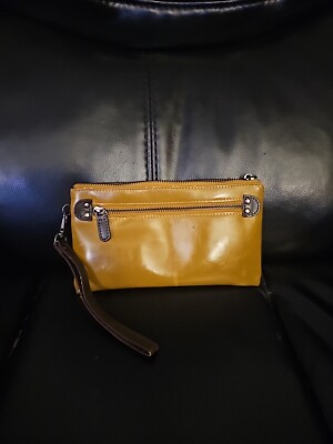  Shiraleah Mustard & Taupe Vegan Smooth Leather Zip Clutch Wristlet 