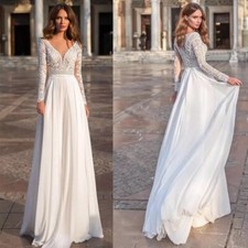 Elegant V-Neck Wedding Dress Long Sleeve Chiffon Lace Applique A-Line Bride Gown