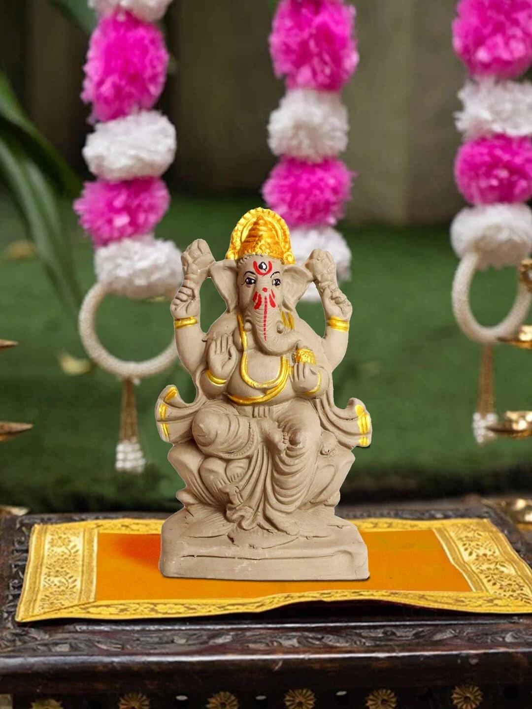 Estatua De Arcilla De Ganesh Figurita Escultura Con Tela Cuadrada