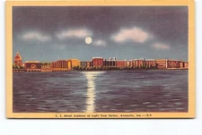 US Naval Academy At Night From Harbor Annapolis MD Linen Postcard Vtg Unposted