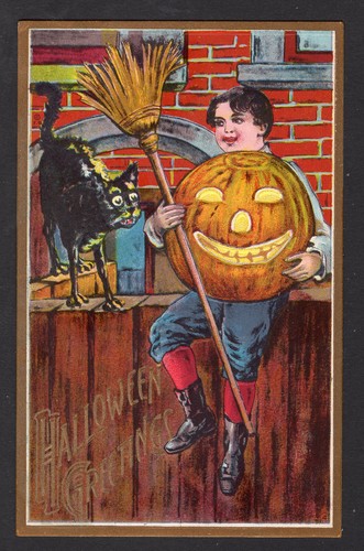 Vintage Halloween Postcard,Copyright by Bamberger Florence,Boy Holding JOL - Foto 1 di 2