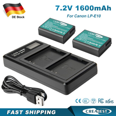 2Pack 1.6Ah LP-E10 Akku +Ladegerät Für Canon EOS 1100D 1200D 1300D Rebel T3 T5