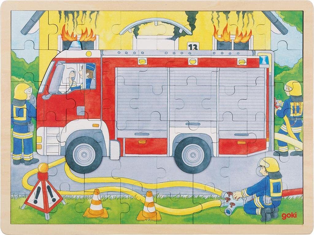 goki 57416 Firefighter Insert Layer Puzzle 40 x 30 x 1 cm Wood 2 Layers 59 Piece