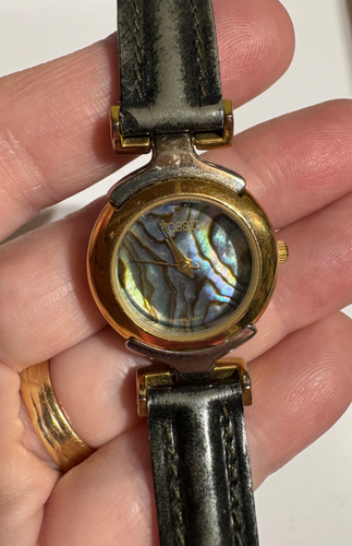 Vintage Fossil Watch Womens Abalone Shell Black Leather Band Hong Kong *READ* - Picture 5 of 11