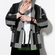 Men Striped Kimono Cardigan Coat Jacket Japanese Vintage Haori Yukata Loose Tops