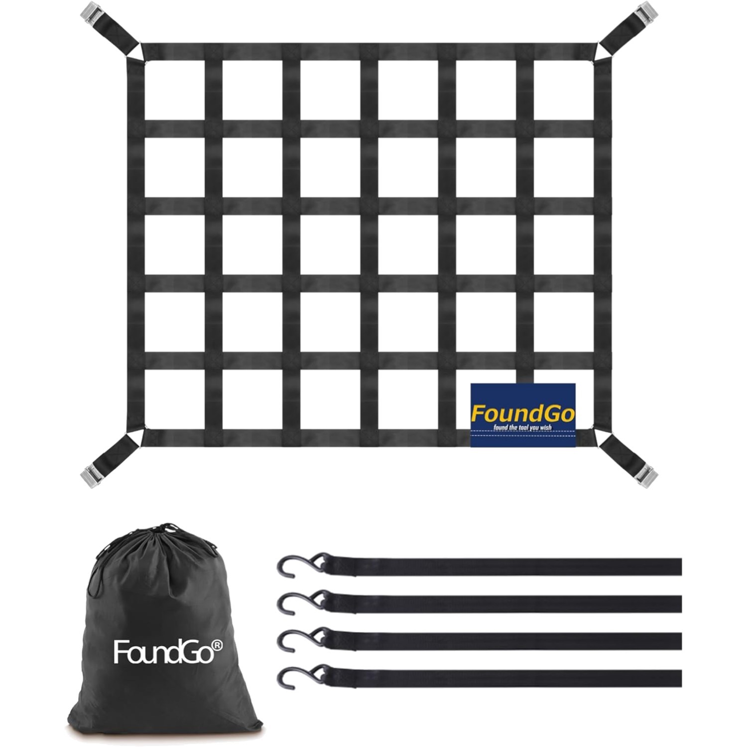 Filet de chargement FoundGo 106x127cm pour benne de pick-up avec sangles de 4.6cm en nylon noir