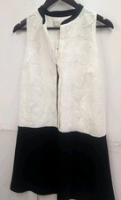 Ann Taylor Loft Dress Womens Medium Ivory Black Lined Lace Contrast Button Mock