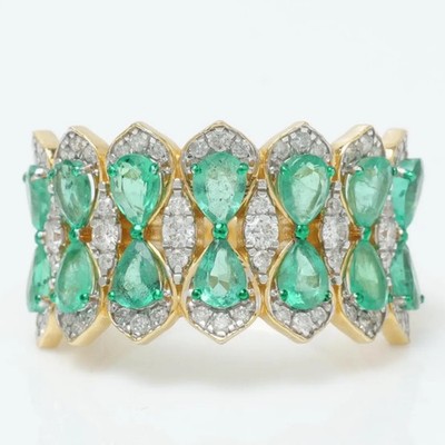 1.82 Ct Natural Emerald Cluster Band Ring 14k Gold with Natural Diamonds