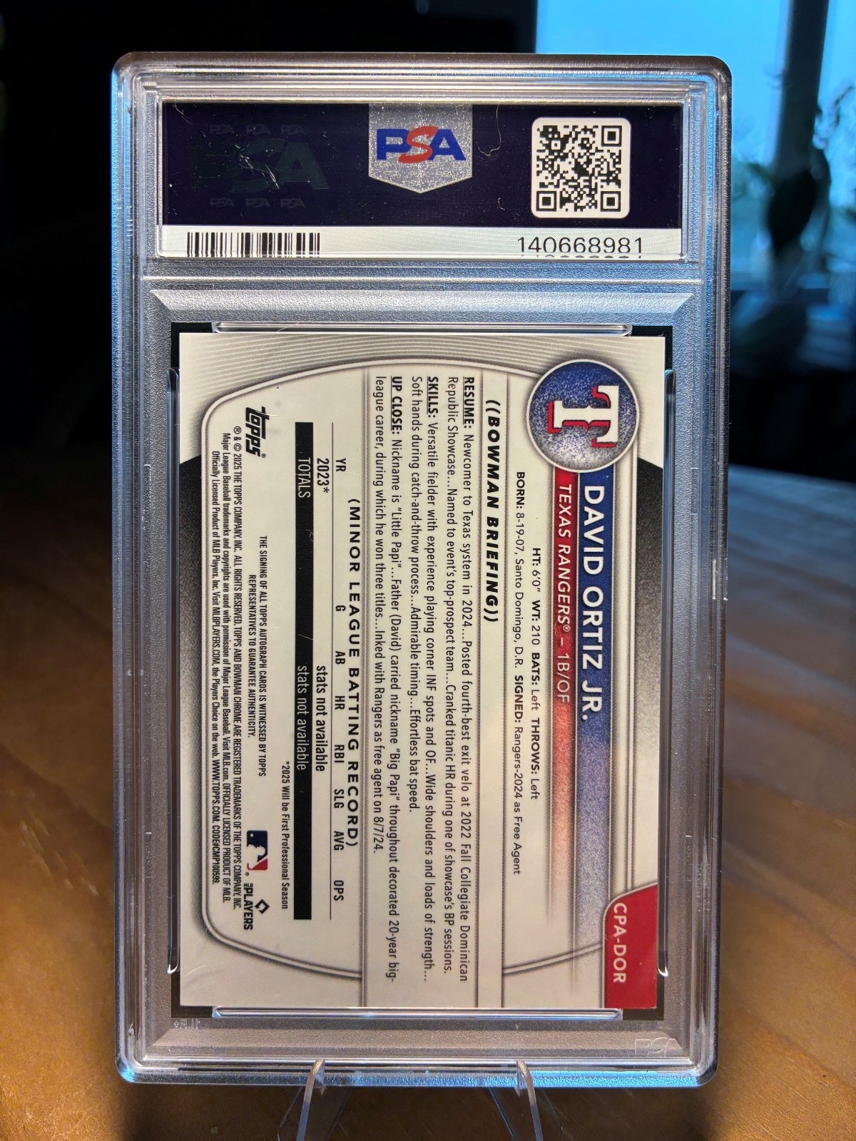2025 Bowman Chrome Prospect AUTO David Ortiz Jr. /250 PSA DNA AUTO 10 view 6