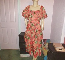 Farm Rio Pineapple Bloom Dress Size L Midi Tiered Boned Puff Floral Tropical