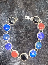 Mexico 925 Sterling Silver Multi-Stone Bracelet Onyx Agate Opalite Bezel Set 7”