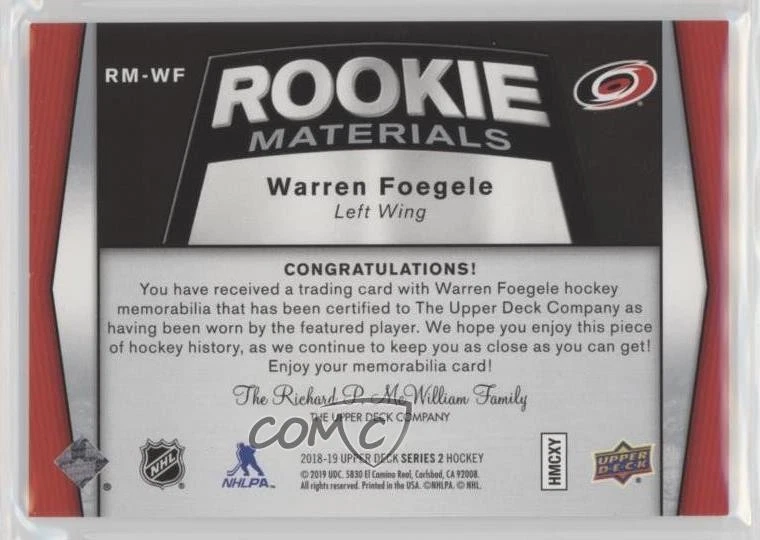 2018-19 Upper Deck Rookie Materials Warren Foegele #RM-WF RC - Image 2 of 2