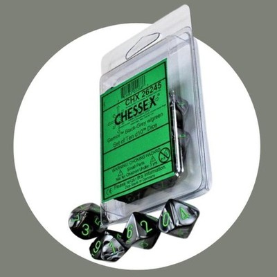   Chessex Gemini Black-Grey/Green Dice Set 10 D10 Polyhedral Dice for D&D RPG M
