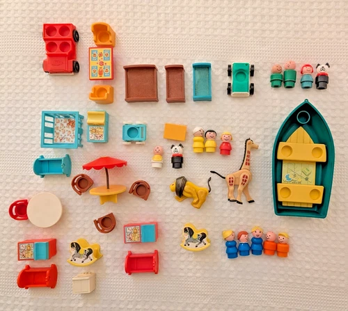 Vintage Mixed Lot Of Fisher Price Little People Furniture Animals Boat Jeep Baby