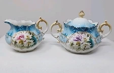 ANTIQUE RS PRUSSIA CREAMER & COVERED SUGAR Floral Motif