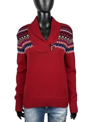 Lauren Ralph Lauren Damen Pullover M 100% Baumwolle Rot Fair Isle Schalkragen