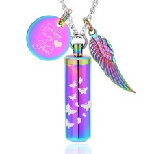 Cylinder Urn Ashes Necklace Angel Wing Pendant  Butterfly Cremation Jewelry