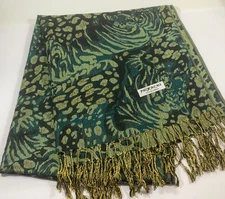 Green Black Gold Pashmina Shawl Scarf Wrap Soft Fringe Paisley Floral Pattern