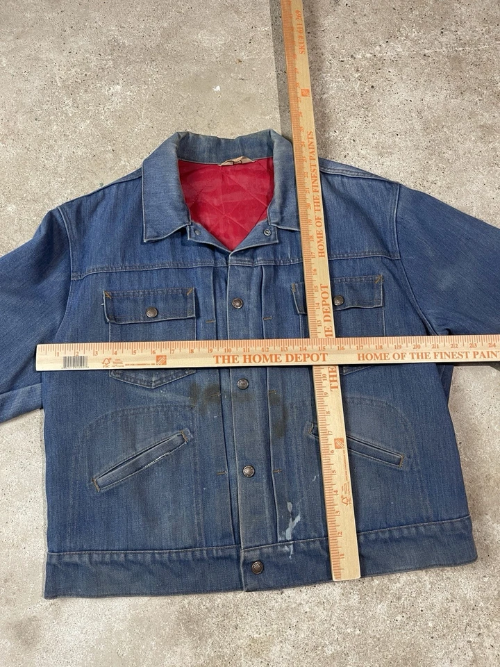 复古 JC Penney 超级牛仔蓝色牛仔裤卡车司机夹克男式 XL 衬里美国 70 年代 — 第 4/4 张图片